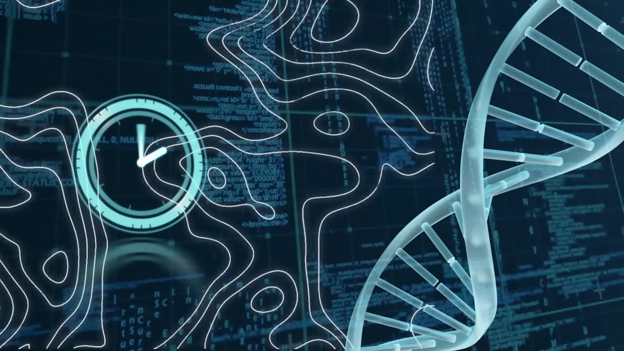 Animation of dna strand with moving clock and white lines over data processing on black background
