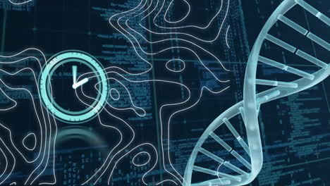 animation of dna strand with moving clock and white lines over data processing on black background