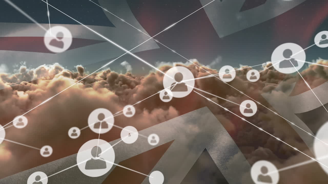 animación de la red de conexión e iconos sobre la bandera del reino unido y el cielo nublado