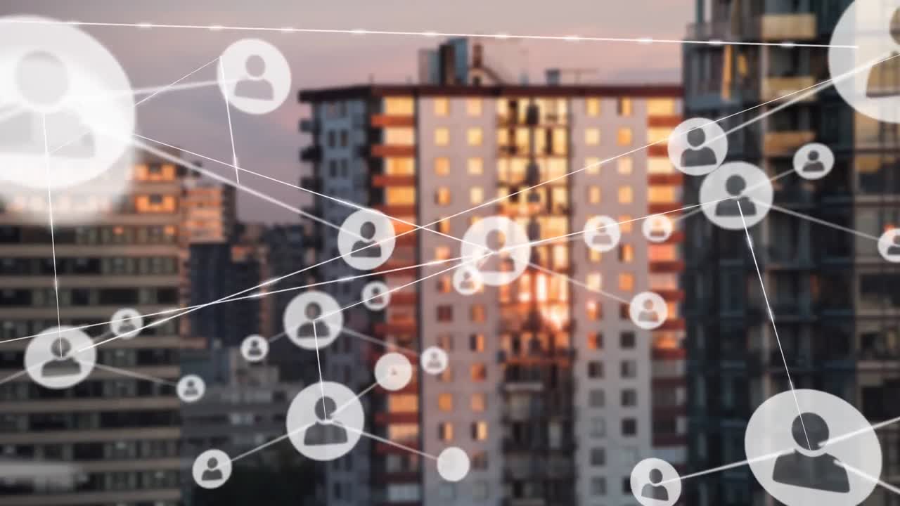 animación de la red de conexiones con las personas iconos sobre el paisaje urbano