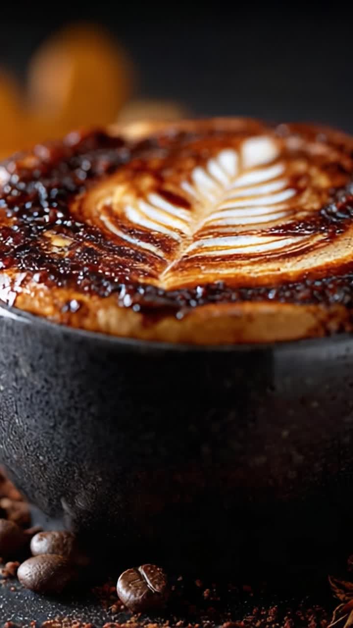 Un accattivante primo piano di un latte squisitamente preparato con decorazioni elaborate, che cattura perfettamente l'essenza della cultura del caffè in ogni dettaglio