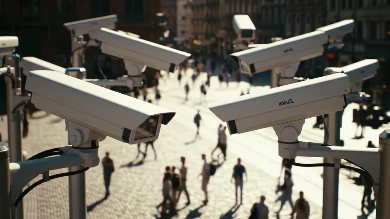A Modern Cityscape Monitored: Surveillance Cameras Overlook Pedestrians in a Lively Urban Environment Capturing the Essence of Contemporary Life