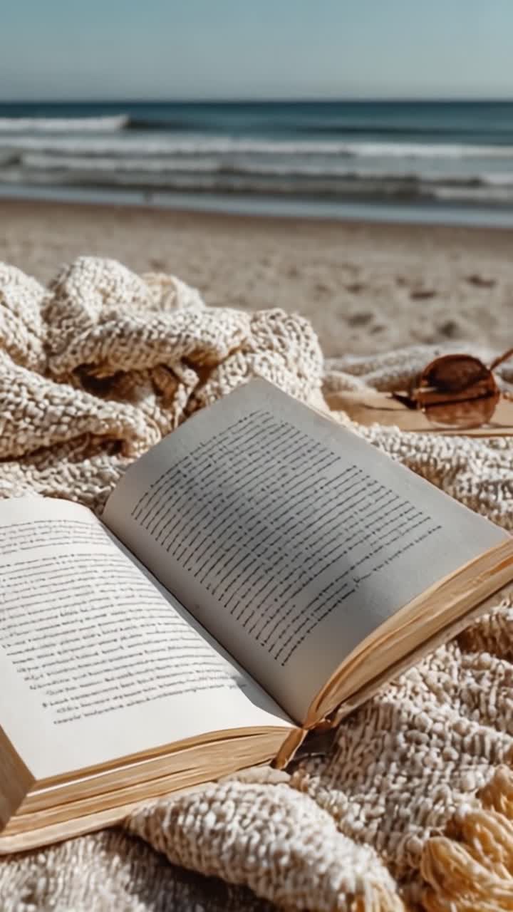 Una tranquilla scena in spiaggia con un libro aperto e una coperta accogliente, che cattura perfettamente l'essenza del relax e della lettura in riva al mare