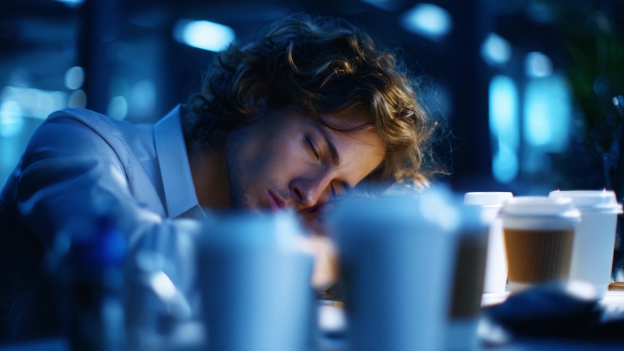 Overwhelmed and Exhausted: A Relentless Worker Falls Asleep at Their Desk Surrounded by Empty Coffee Cups in a Dimly Lit Office Space