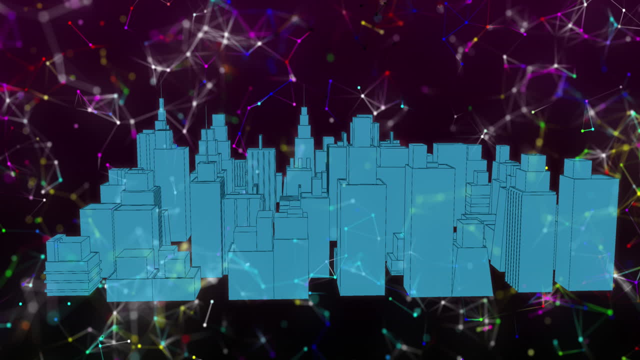 red colorida de conexiones contra el modelo de ciudad 3d girando sobre un fondo negro