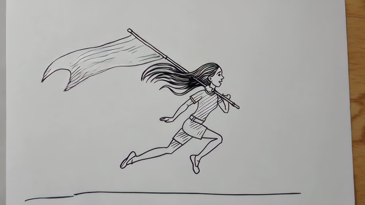 Line Art of a Person Running with a Flag