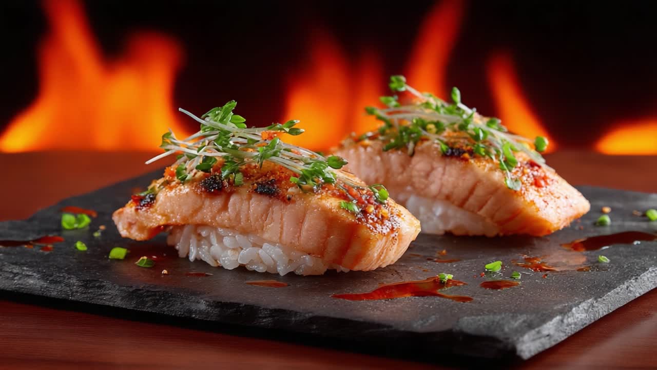 Delicious Grilled Salmon Sushi on Slate Plate with Spicy Sauce and Garnish, Enhanced by a Stunning Flame Background, Perfect for Food Lovers and Culinary Enthusiasts