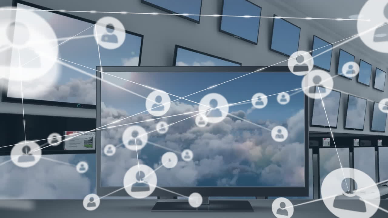 tv 세트를 통해 아이콘을 가진 연결 네트워크의 애니메이션