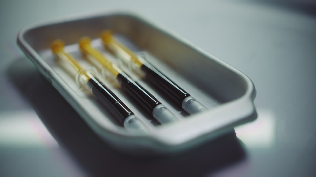 Syringes with a dark liquid on a medical tray