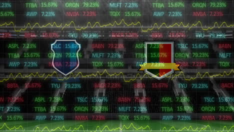 animación de los emblemas de los equipos con procesamiento de datos sobre el estadio deportivo
