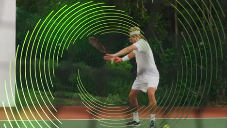 animation of green line spiral rotating over male tennis player hitting ball during match