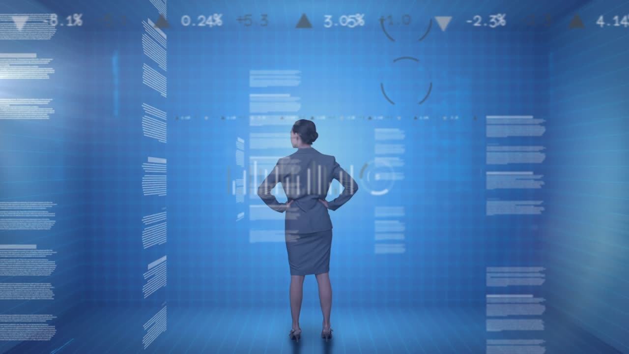 Animation of financial data processing over businesswoman on blue background