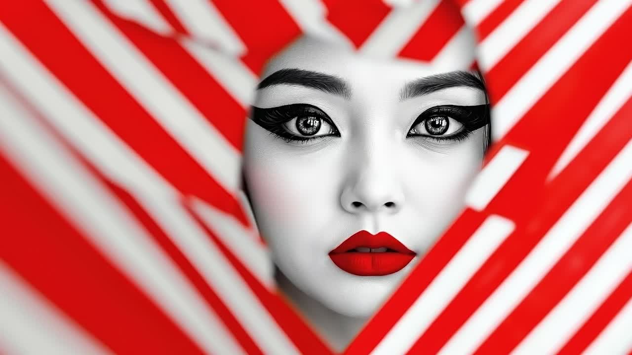 A woman with red lipstick and black eyelashes in front of a red and white striped background