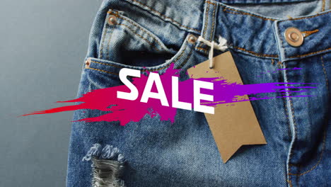 animation of sale text over denim trousers on grey background