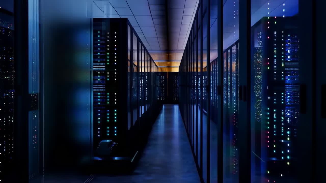 Inside a Modern Server Room or Data Center with Flashing Lights