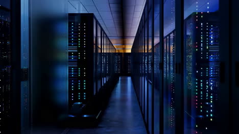 inside a modern server room or data center with flashing lights