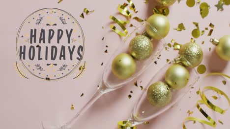 animation of happy new year text over confetti and champagne glasses with baubles