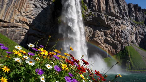 rainbow waterfall with flowers
