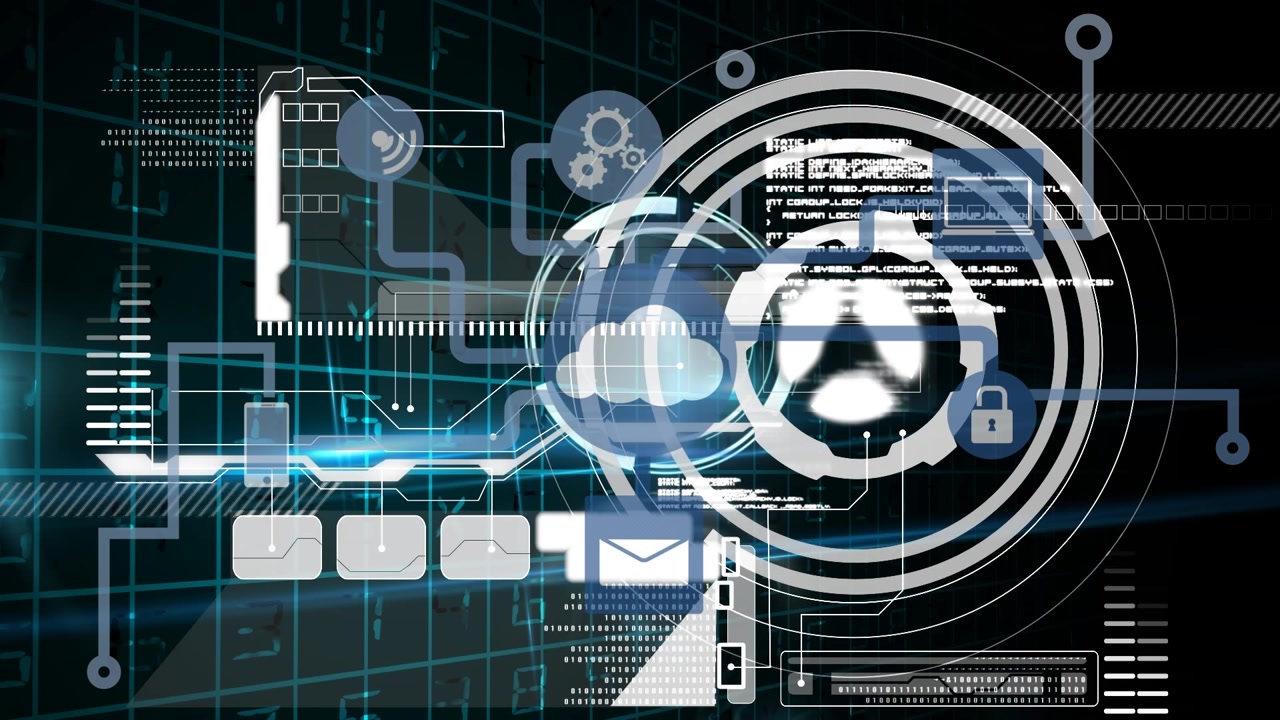 Animation of digital screen with diverse data and tech icons