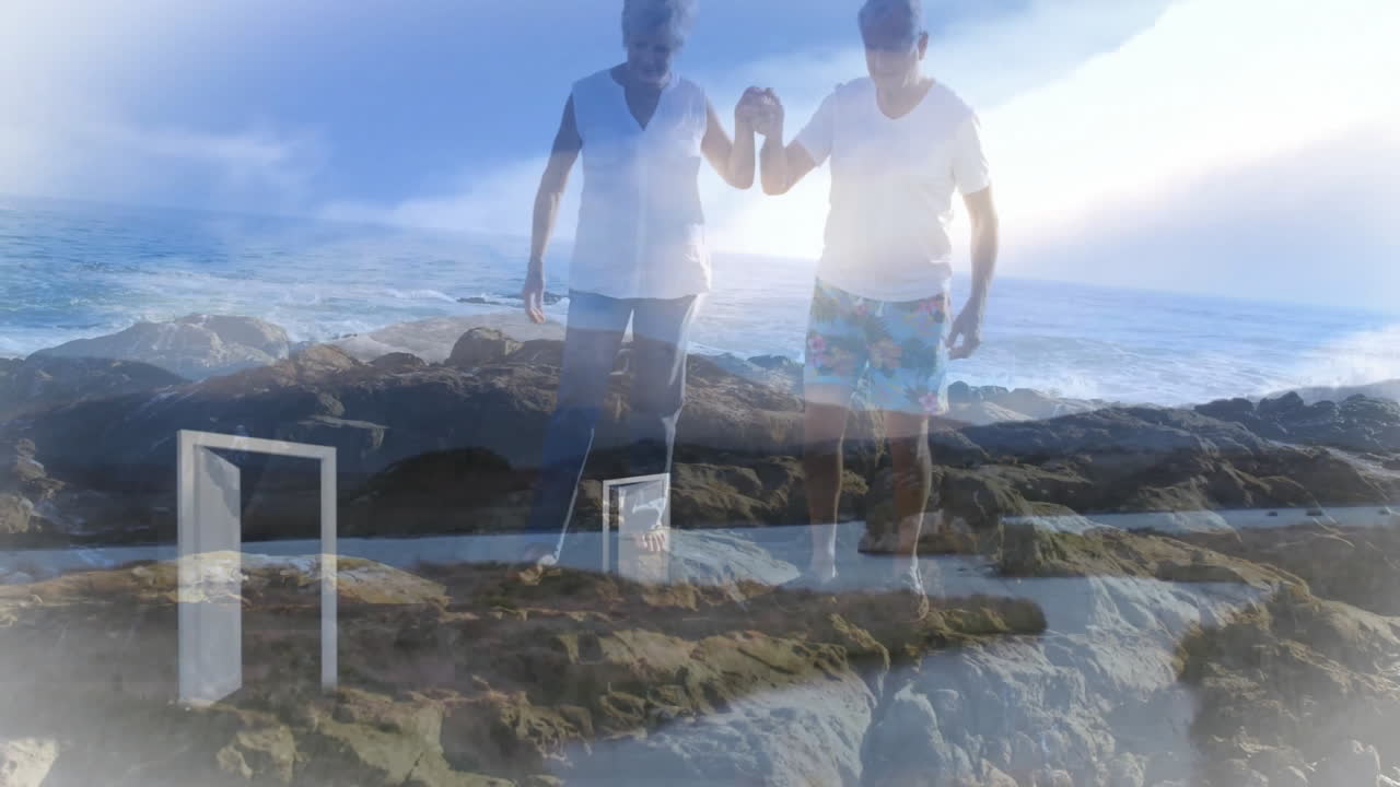 Elderly couple walking on rocky shore with door frames overlay animation