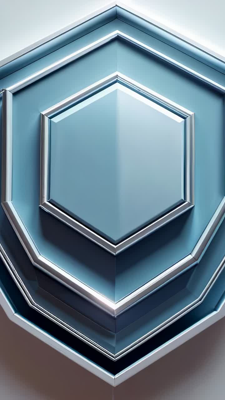 Vertical video: Soft light showing hexagon shield emblem rotating on gray backdrop reflecting light
