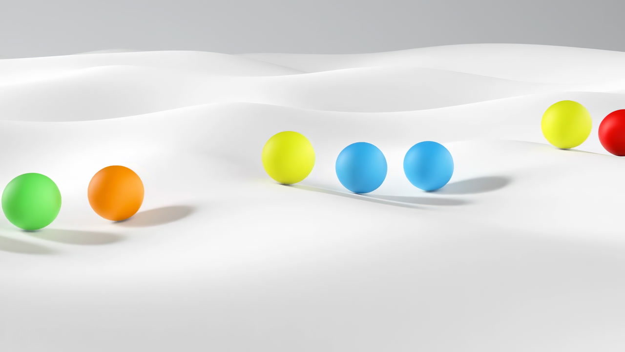 Colorful Spheres Rolling Across White Dunes, Studio Scene With Glossy Spheres Casting Soft Shadows And Subtle
