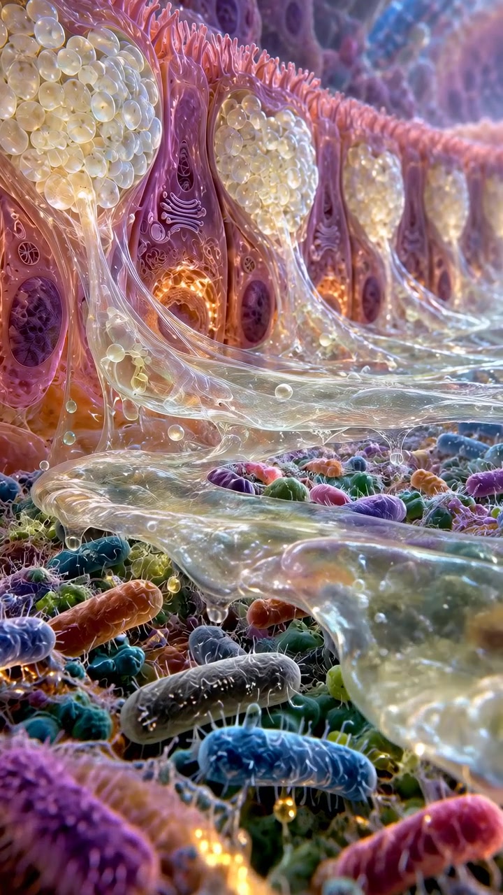 Vista microscópica avança através de micróbios densos azuis, roxos, verdes e laranjas sob muco translúcido brilhante, enquanto estruturas celulares rosas repetidas recuam para uma profundidade luminosa e quente.