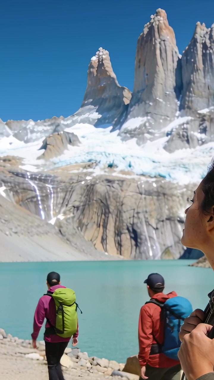 Video verticale: Donna in cappotto che ammira le cime vicino a un lago glaciale mentre uomini camminano a sinistra, spazio per il testo.