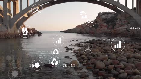 animación de iconos de sostenibilidad y ecología sobre el paisaje