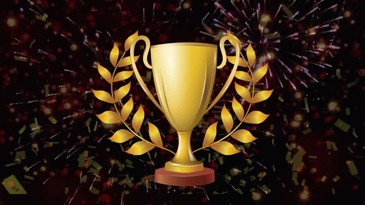 Animation of cup icon and confetti on black background