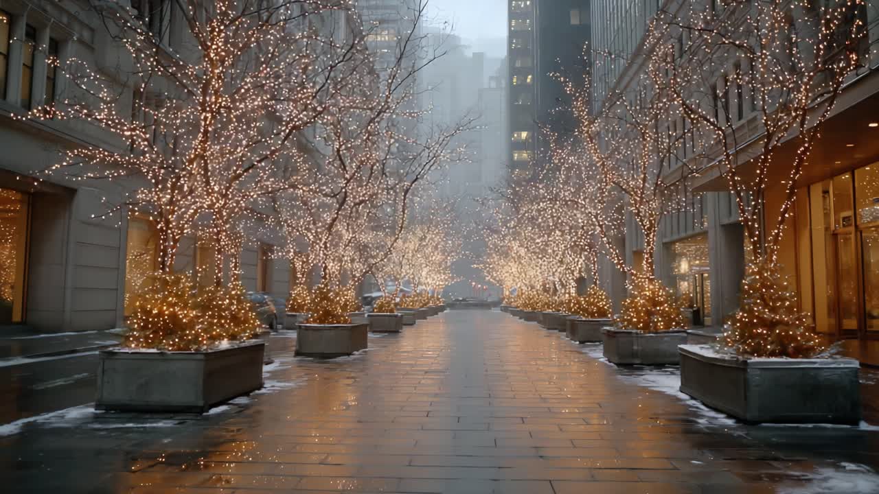 Enchanting winter scene of a city street illuminated by shimmering holiday lights adorning trees, creating a magical atmosphere amidst a snowy backdrop