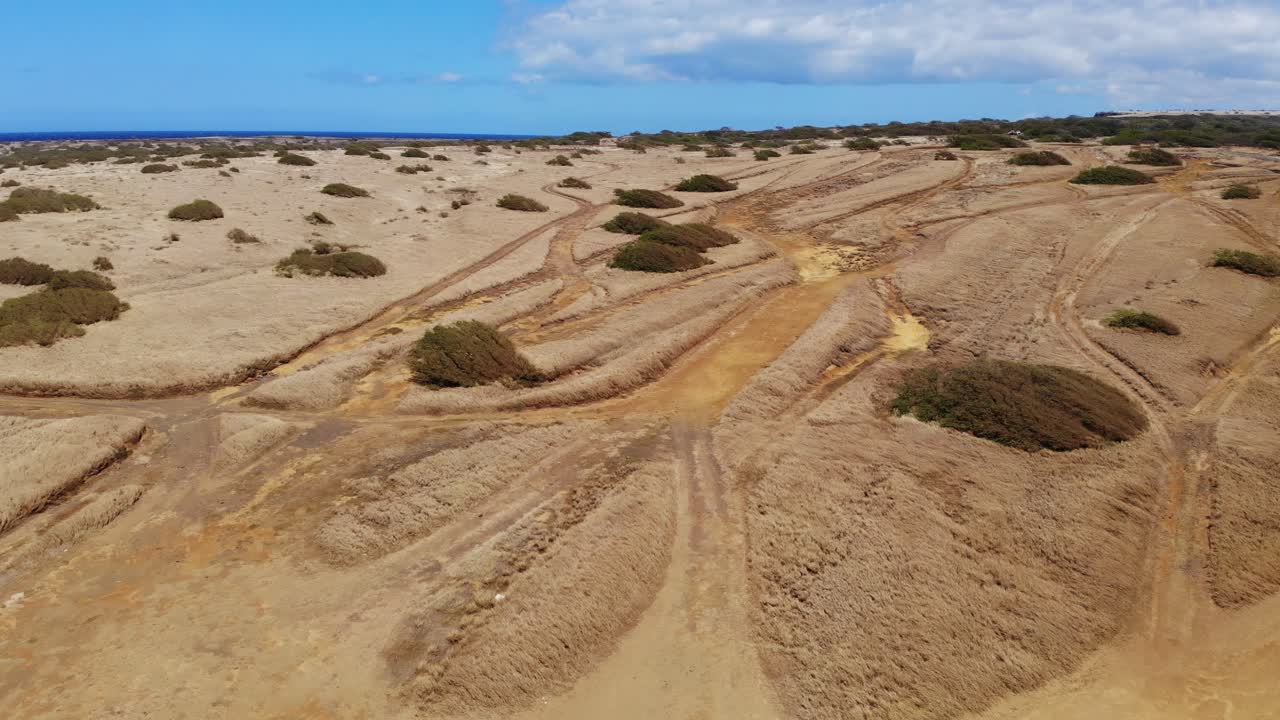 воздушный беспилотник вверх и стабилизированное движение 4k - следы автомобиля на бездорожье среди покатых лугов с тихим океаном на горизонте