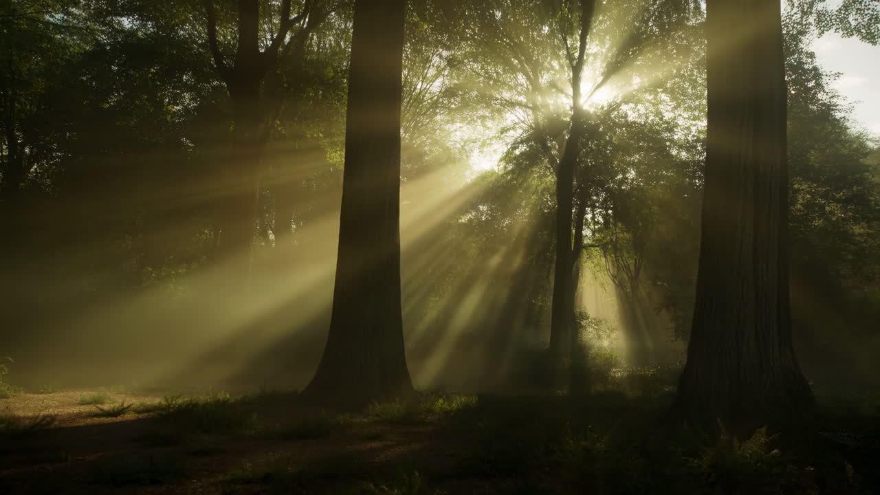 Raios de sol dourados atravessando o dossel da floresta enevoada