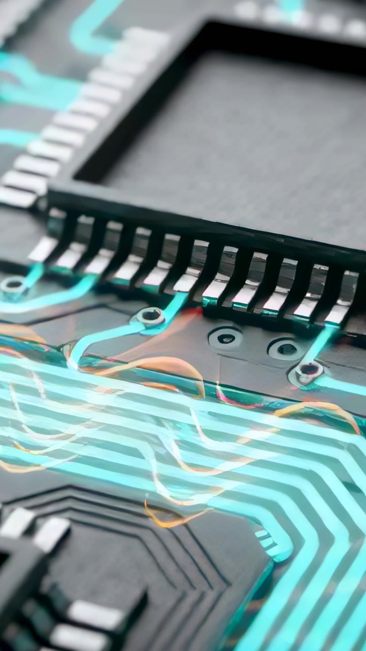 Vertical video: Glowing PCB with orange waveform appearing then moving along cyan traces, workbench