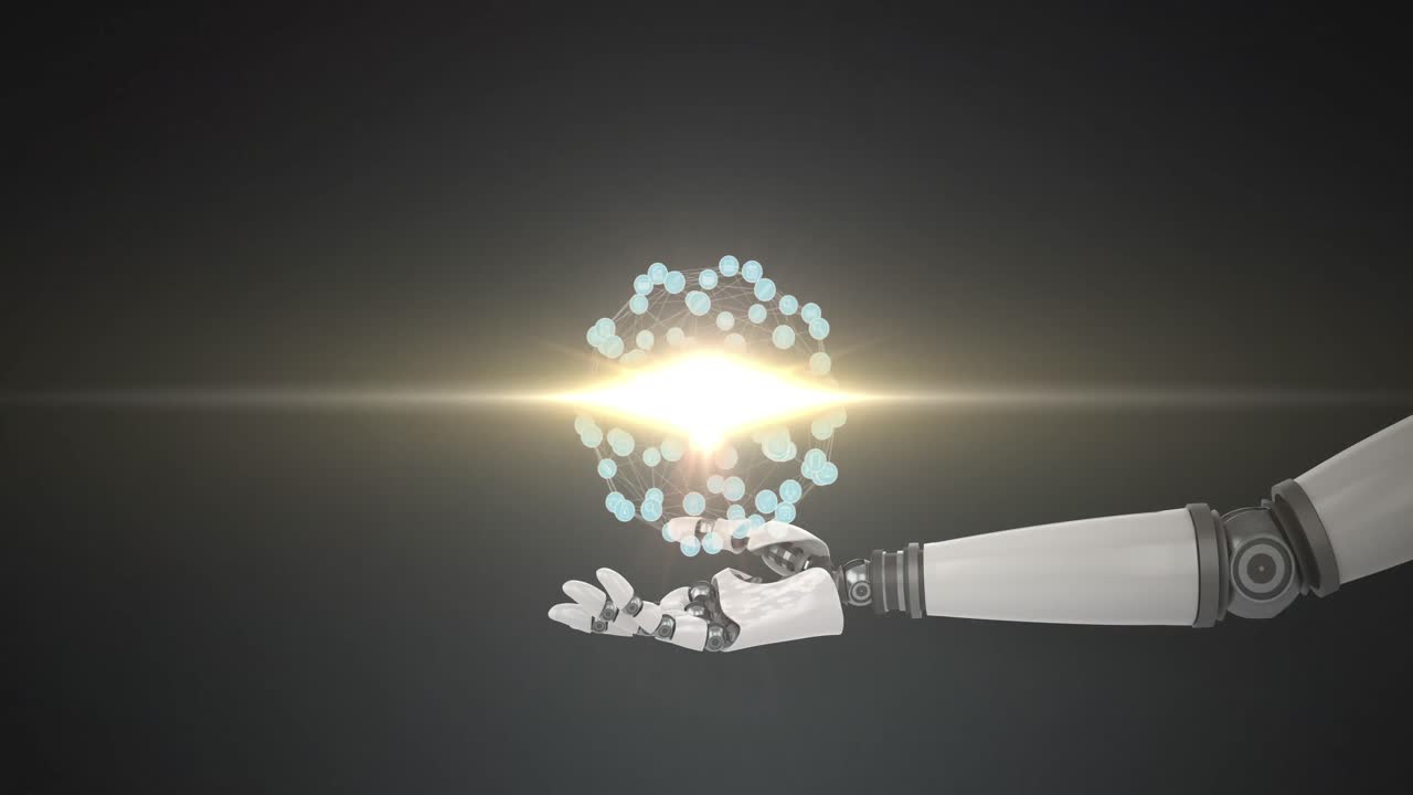 어두운 배경에 있는 로 ⁇  팔의 손 위에 연결된 아이콘 네트워크의 애니메이션