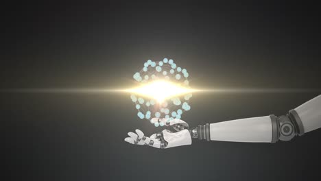 animación de una red de iconos conectados sobre la mano del brazo del robot sobre un fondo oscuro