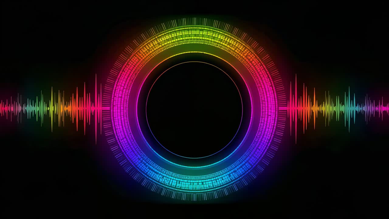 Reacting to audio, neon visualizer pulsing colors in digital field with waveform, hollow center