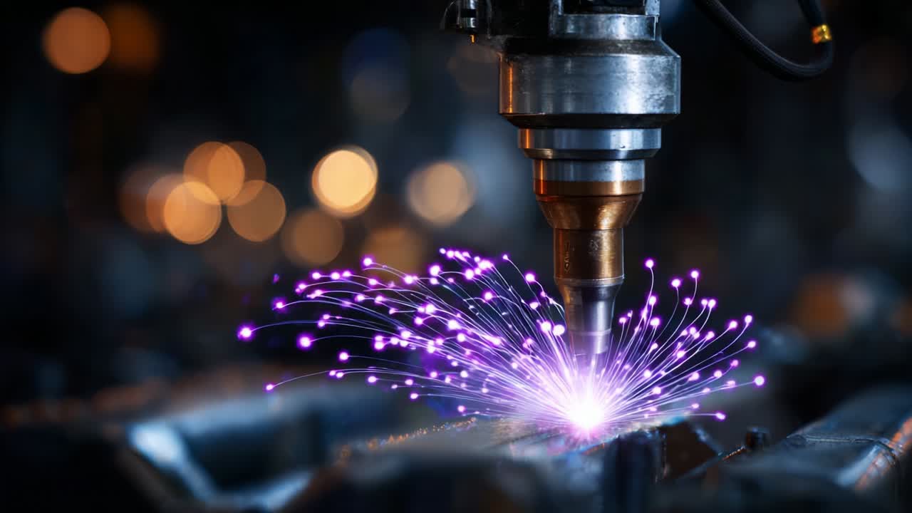 A dynamic view of a high-powered laser cutting machine in action, showcasing the intricate details of purplish sparks as they burst from the cutting nozzle against a blurred industrial backdrop, emphasizing precision and technology