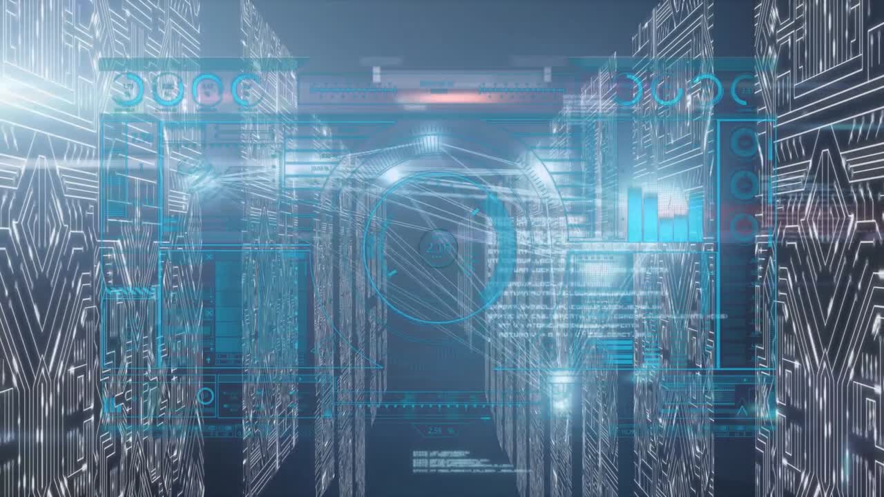 Animation of data processing over moving columns on black background