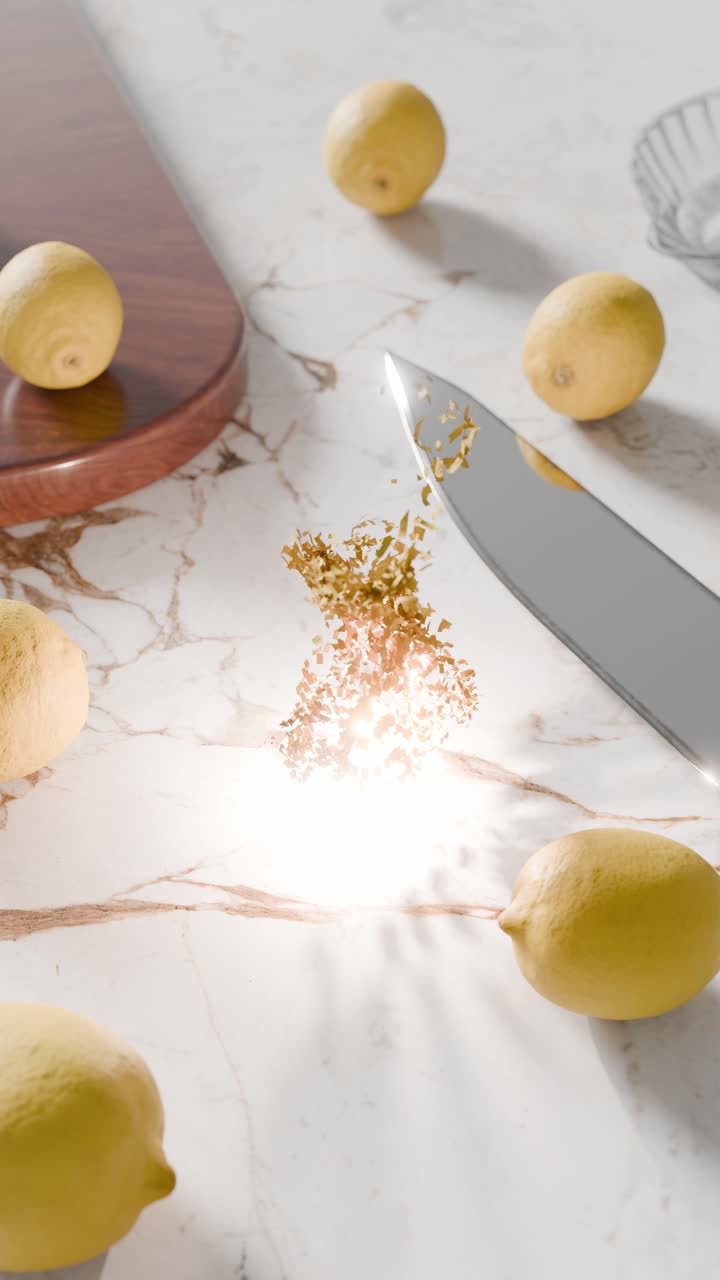 Natura morta renderizzata in 3D con limoni e coltello