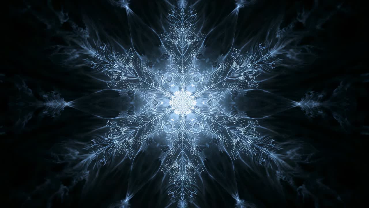 Pulsing six-point filigree mandala breathing on dark, frame starting with core under algorithm