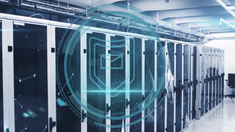 animation of shield icon and digital data processing over computer servers