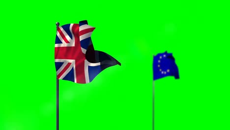 union flag and european flag waving against green screen