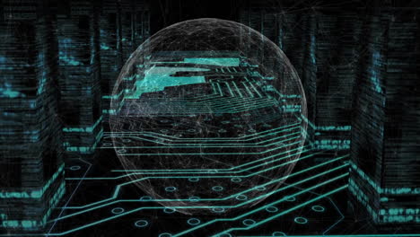 digital circuit board and globe animation over data processing background
