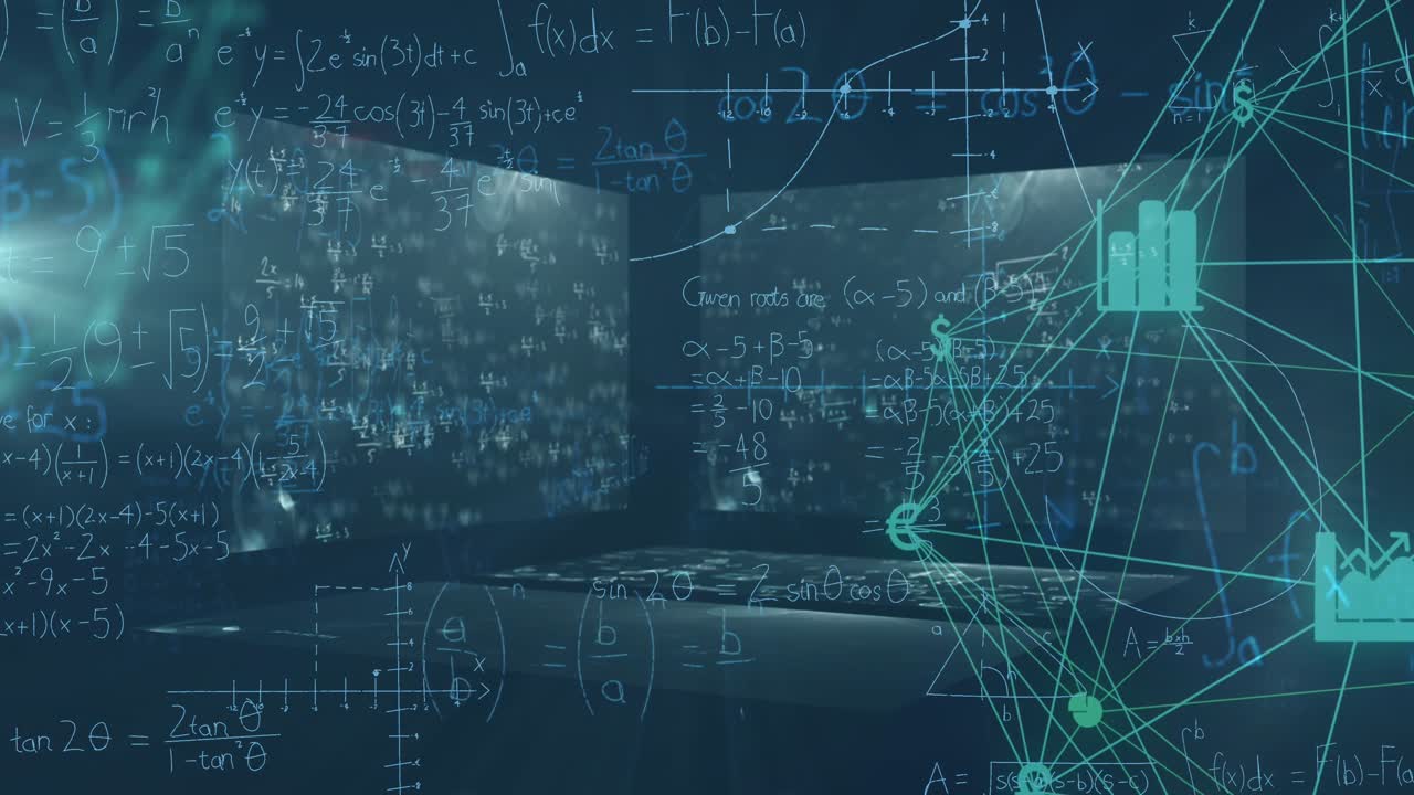 Animation of mathematical equations over blue background