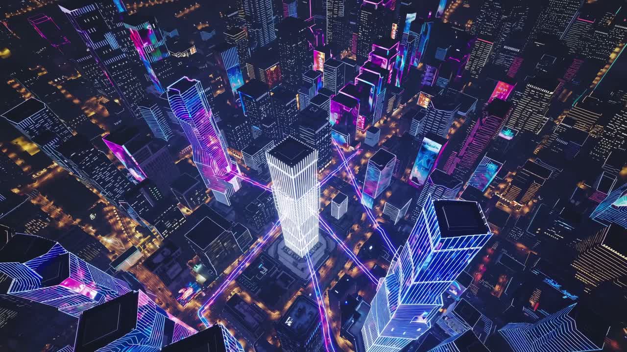 Aerial view of a futuristic cityscape at night, with neon lights and ...
