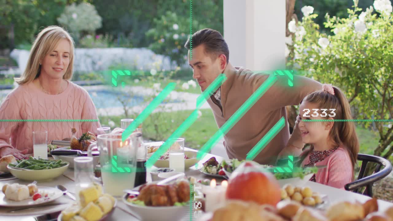 Man shifting weight, sitting beside girl to join family meal at patio, green HUD tracking analytics
