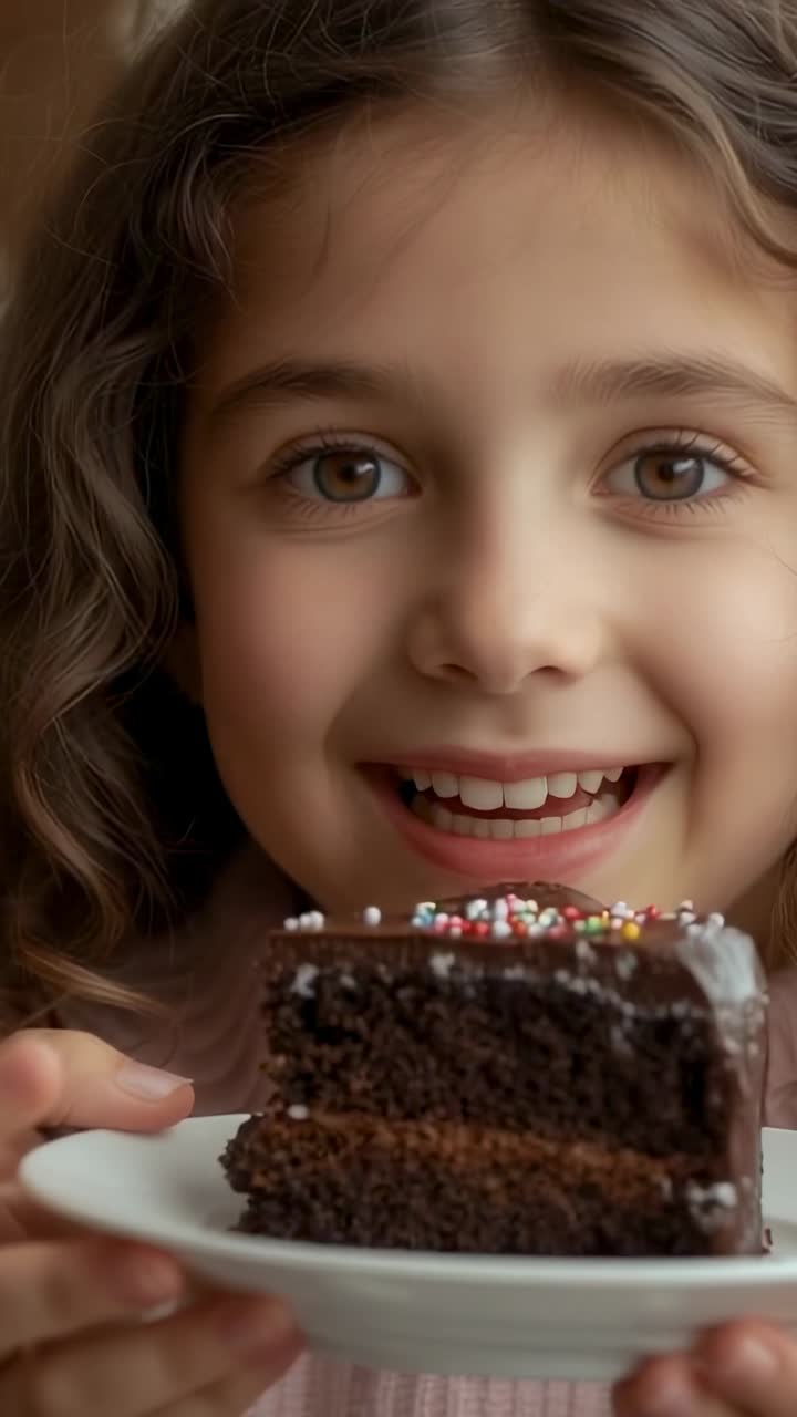 Vertical video: Girl entering frame tilting plate showcasing sprinkles on chocolate cake in kitchen