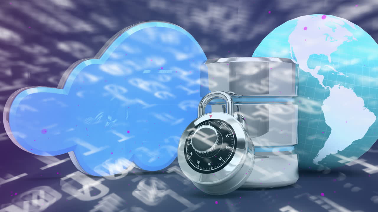 procesamiento de datos de codificación binaria a través del servidor de base de datos, icono de globo y nube contra fondo púrpura