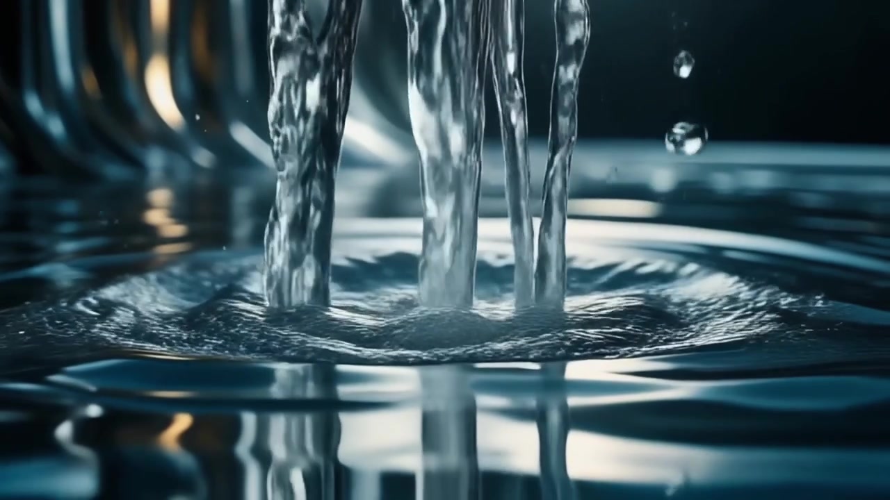 Getti d'acqua che si riversano in una pozza scura riflettente